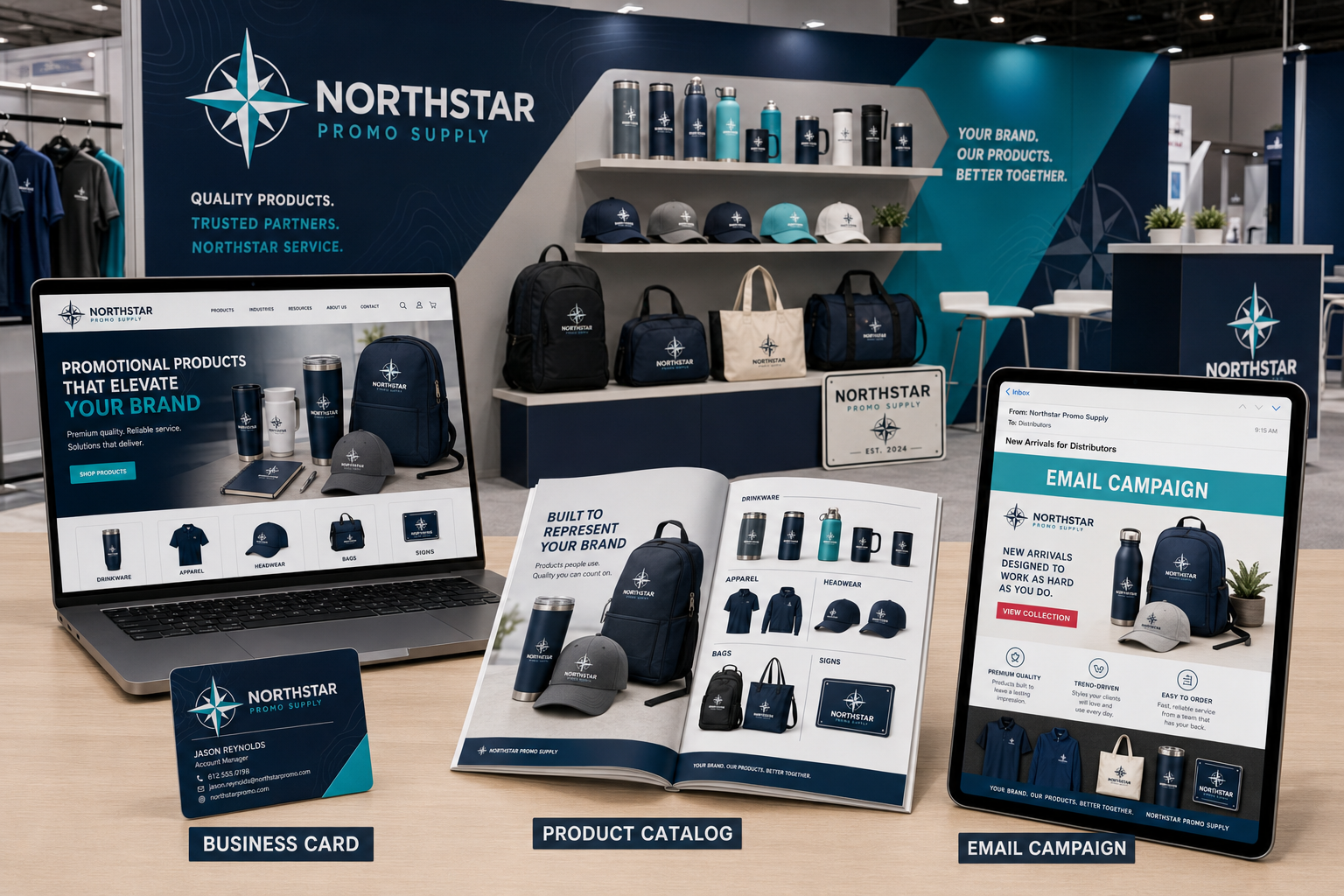 A supplier website, catalog, business card, email campaign, and trade-show graphics using one consistent fictional brand identity