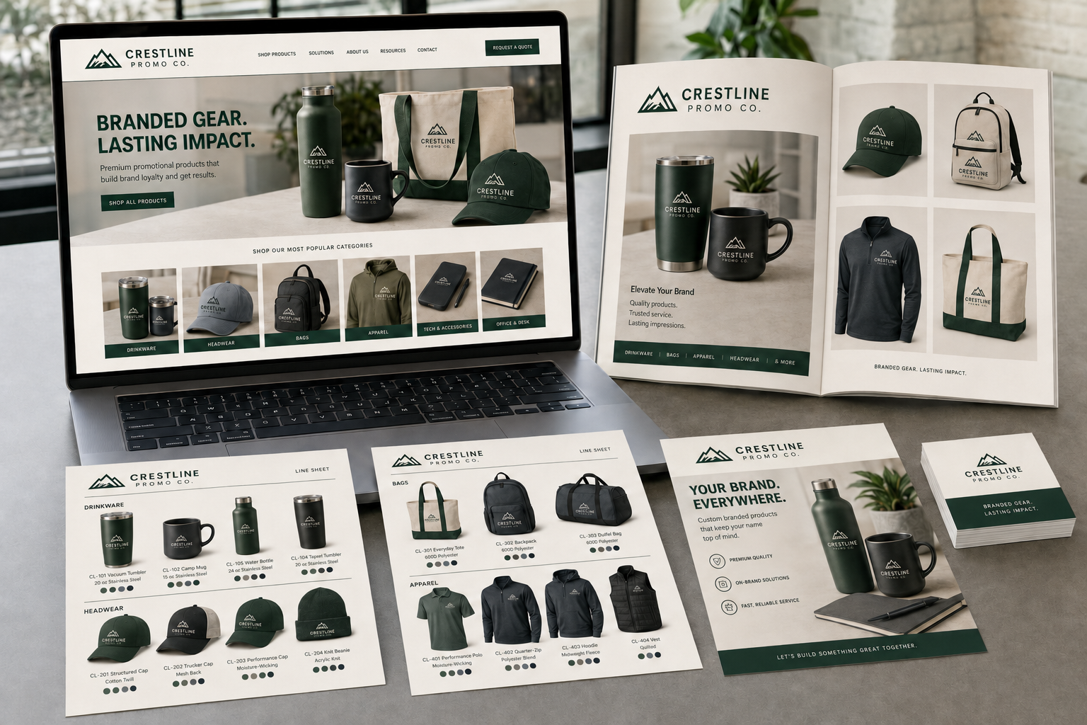 Crestline Promo Co. presented consistently across its website, catalog, line sheets, flyer, and business cards